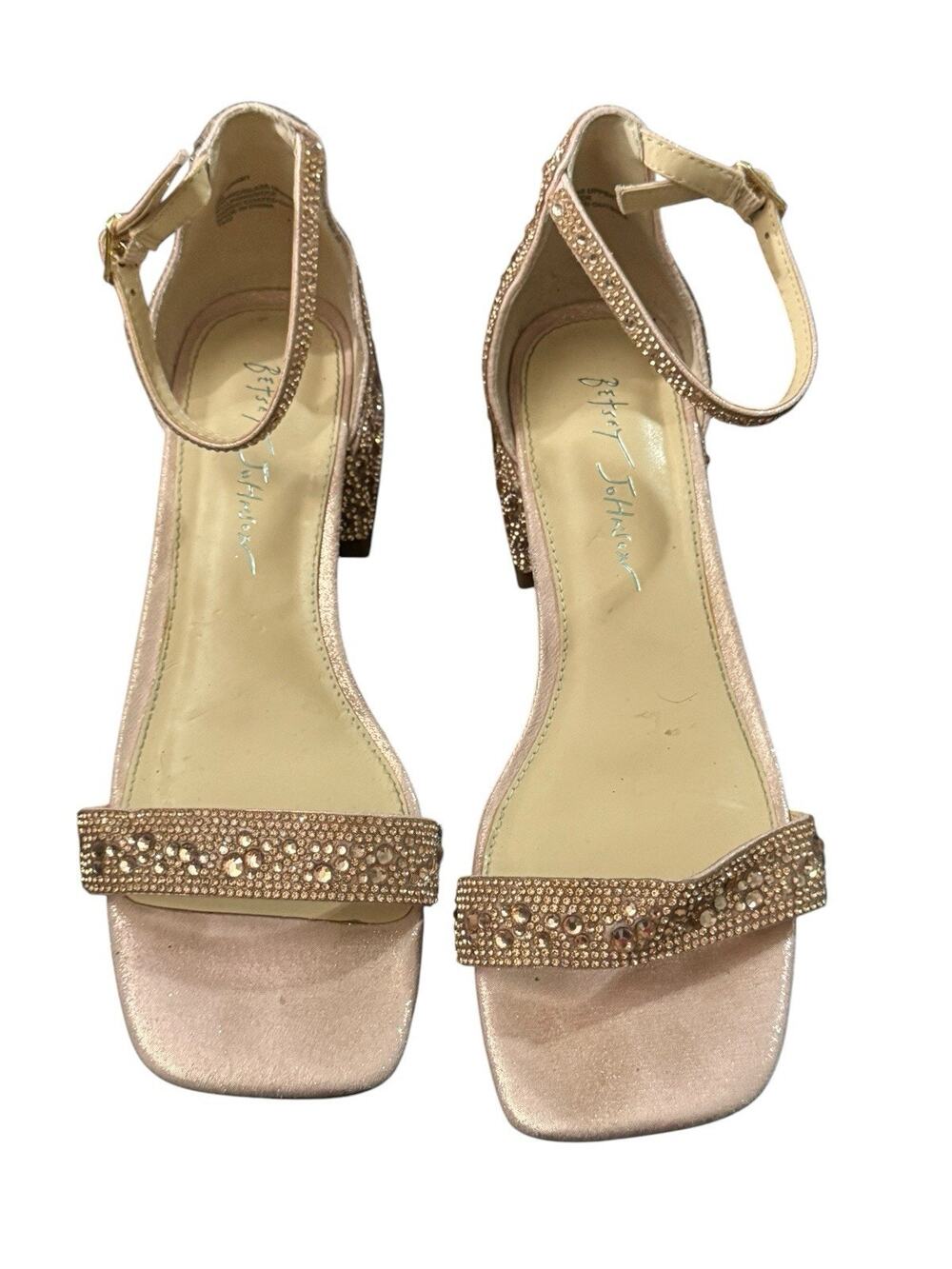 Betsy Johnson Grant Rose Gold Sandals With Glass Crystals Block Heel Size 8